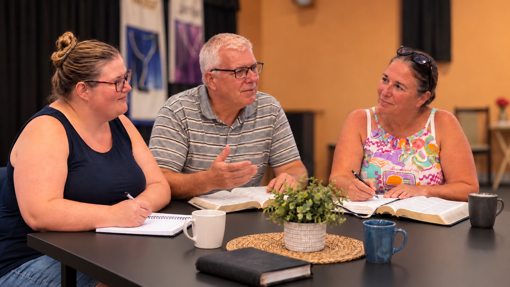 Three adult students discussing their Bible study